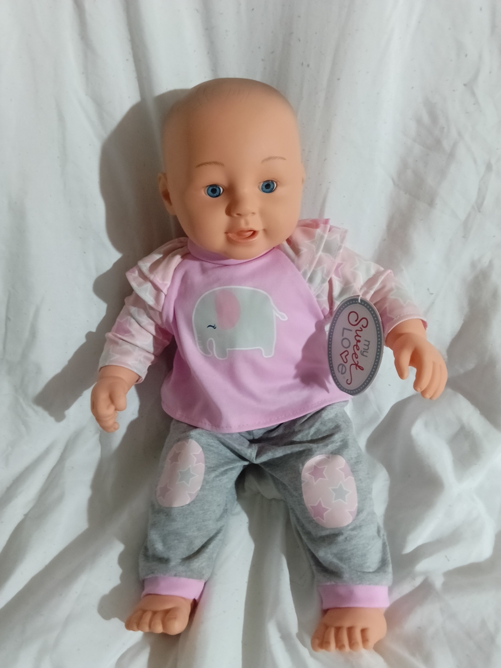 Plush Baby Doll with Pink Elephant Outfit - Pink & Gray